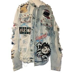 Majestik Streetwear Jacket XL Light Wash Embellished Rhinestone Patches Studded